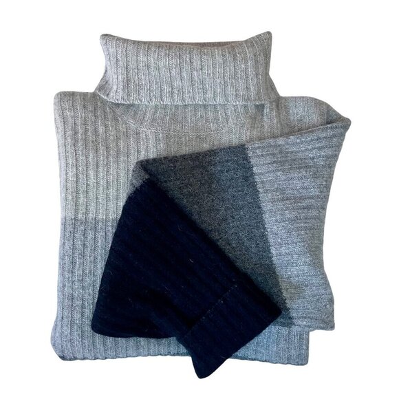 SKYR Lambs Wool Angora Ribbed Striped Sweater Gray Black L Cozy Winter Cowl Neck - Picture 9 of 10